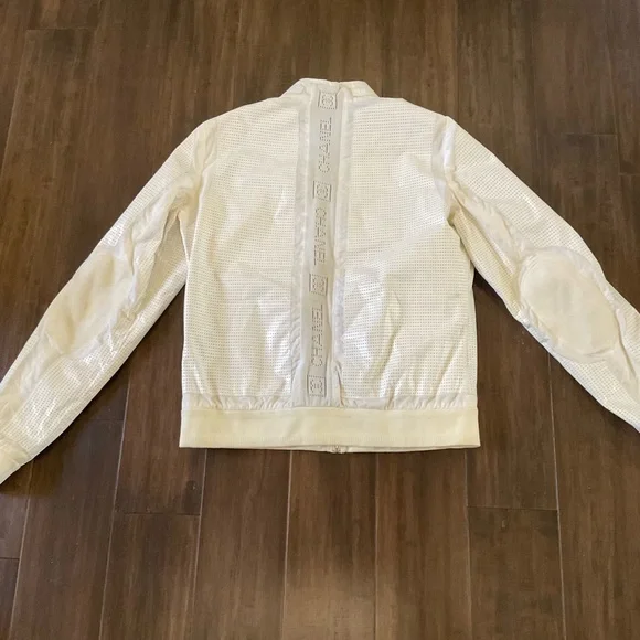 Chanel White Size 8-10 Perforated Leather Bomber Jacket Branded Back Stripe